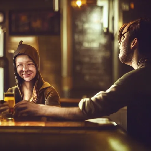 Image similar to a beautiful happy barmaid trying to cheer up a gloomy guy wearing a hood, sitting in a dark pub at the corner , made by Stanley Artgerm Lau, WLOP, Rossdraws, ArtStation, CGSociety, concept art, cgsociety, octane render, trending on artstation, artstationHD, artstationHQ, unreal engine, 4k, 8k,