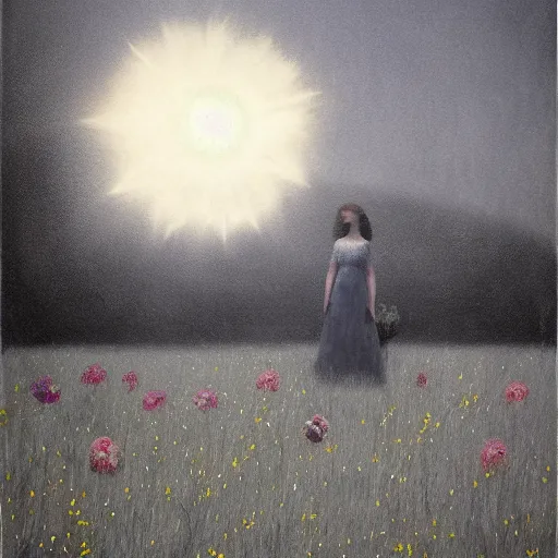 Prompt: grey haunting by catherine hyde. a art installation of a young woman seated in a meadow, with the sun just beginning to rise behind her. the woman is looking down at a book in her lap, & there is a basket of flowers beside her.