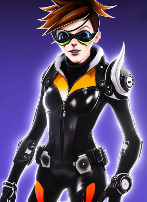 Image similar to full body digital artwork of tracer overwatch, wearing black iridescent rainbow latex, 4 k, expressive happy smug expression, makeup, in style of mark arian, wearing detailed black leather collar, wearing sleek armor, black leather harness, expressive detailed face and eyes,