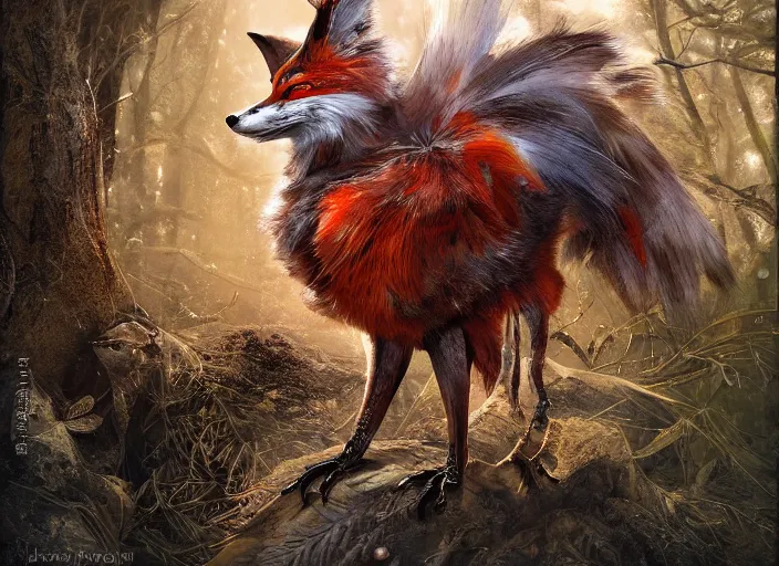 Prompt: ashigaru steampunk - inspired feathered fox, colorful plumage, lacquered armor, cute but determined, hard focus, art station, by jessica rossier and brian froud, cinematic fantasy painting, orange grey white, in a woodland glade