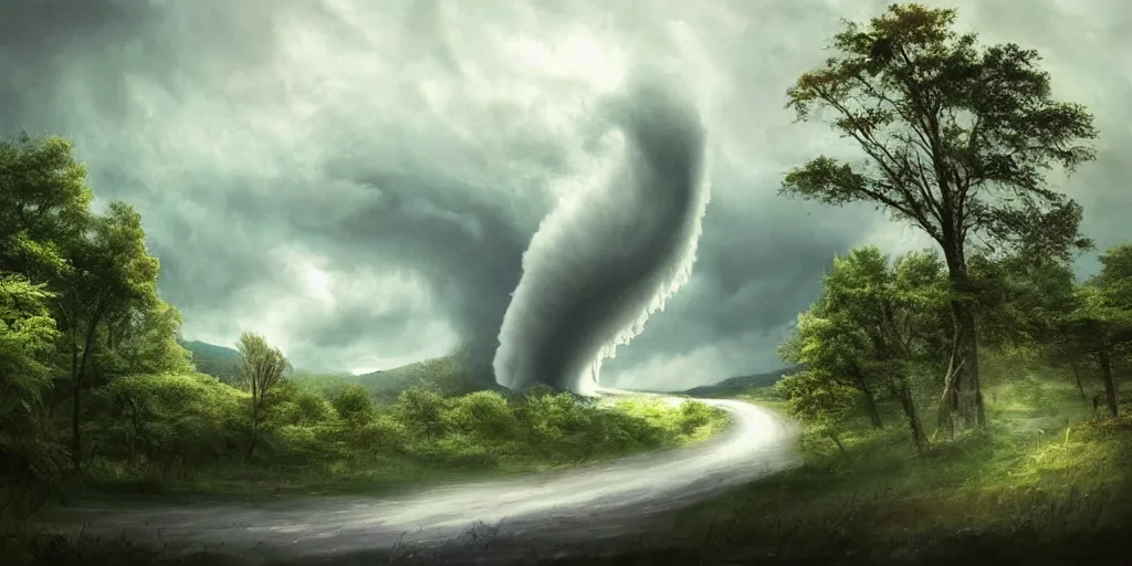 Prompt: A tornado in a beautiful scenic landscape, nature, trees, wide angle, super highly detailed, professional digital painting, artstation, concept art, smooth, sharp focus, no blur, no dof, extreme illustration, Unreal Engine 5, Photorealism, HD quality, 8k resolution, cinema 4d, 3D, beautiful, cinematic, art by artgerm and greg rutkowski and alphonse mucha and loish and WLOP