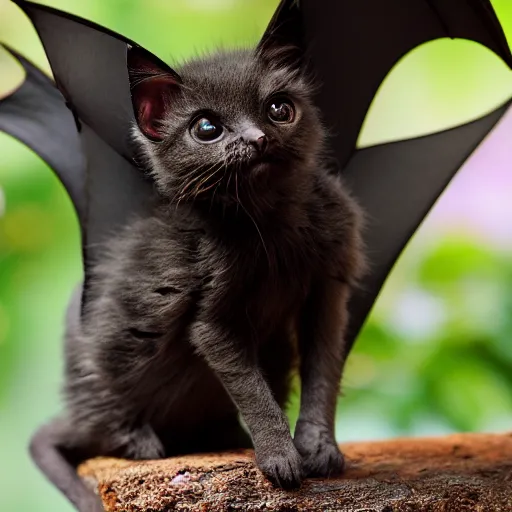 Image similar to a bat kitten with wings, Canon EOS R3, telephoto, very detailed, 4k