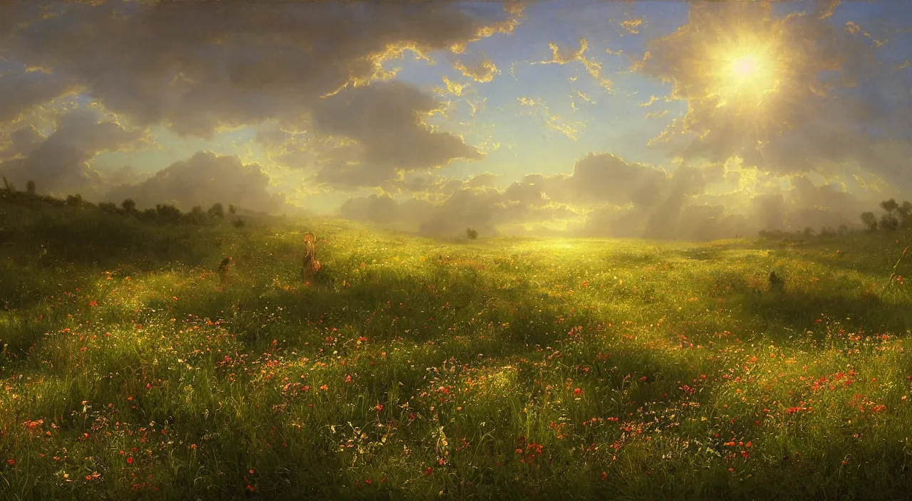 Image similar to rhythmic interval tectonic surfaces as resonant waves of harmonic organic mystical megastructure crystal lattices in a meadow full of wildflowers by albert bierstadt, by glen small, photorealistic, god rays, octane, depth of field,