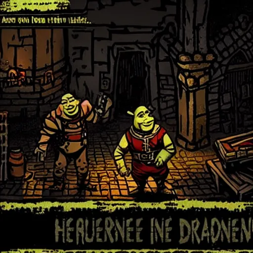 Image similar to shrek in darkest dungeon, screenshot from the game, highly detailed, dark atmosphere, concept art