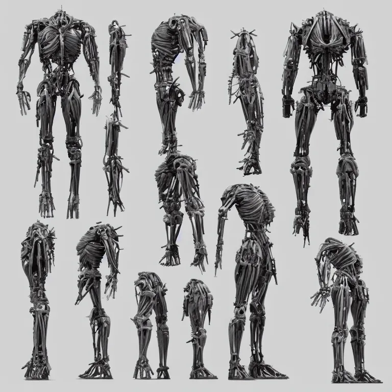 Prompt: very symmetrical!! video game assets, anatomical cyborg human torso with gunmetal grey skin, medical muscle anatomy, prosthetic limbs, biomechanical aesthetic, cybernetic implants, highly detailed, bionic, anime mecha, cable wire implants, three - view reference sheet ( front / back / side ), artstation, marmoset toolbag, unreal engine