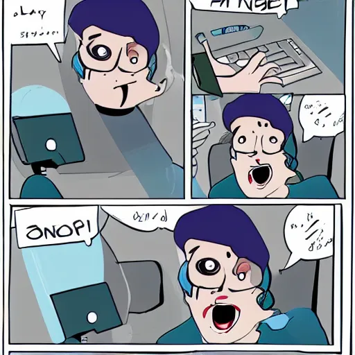 Image similar to comic of a person with an enthralled expression and exaggeratedly large eyes using a computer