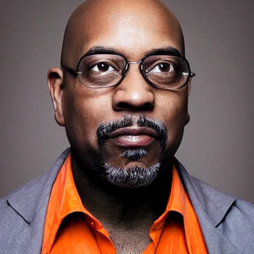 Image similar to portrait of a bald middle aged black man with a goatee and orange shirt, photo by annie leibowitz