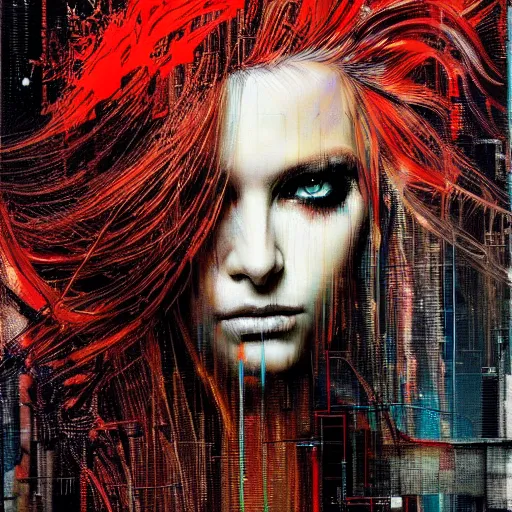 Prompt: hyperrealistic portrait of a mysterious cyberpunk woman with flowing hair, by Guy Denning, Russ Mills, beautiful, elusive, glitch art, hacking effects, glitch effects, black eyes, digital tech effects, cybernetics, detailed lines, intricate detail, holographic, polished, chromatic, clear, color blocking, acrylic on canvas, octane, concept art, abstract, red face, front view, 8k, masterpiece, cgsociety, trending on artstation