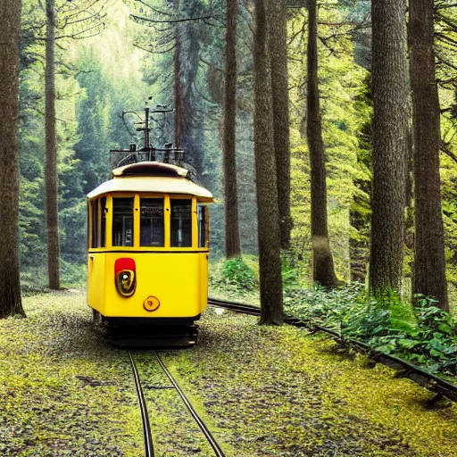 Prompt: Yellow oldschool Tram in a forest, 8k UHD, high quality, studio photo,