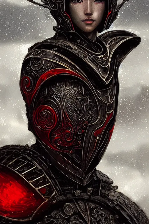 Image similar to portrait siniter knights of Zodiac boy, black and red color reflected armor, in ruined Agora of Athens rainy night, ssci-fi and fantasy, intricate and very very beautiful and elegant, highly detailed, Frostbite Engine, digital painting, artstation, concept art, smooth and sharp focus, illustration, art by tian zi and WLOP and alphonse mucha