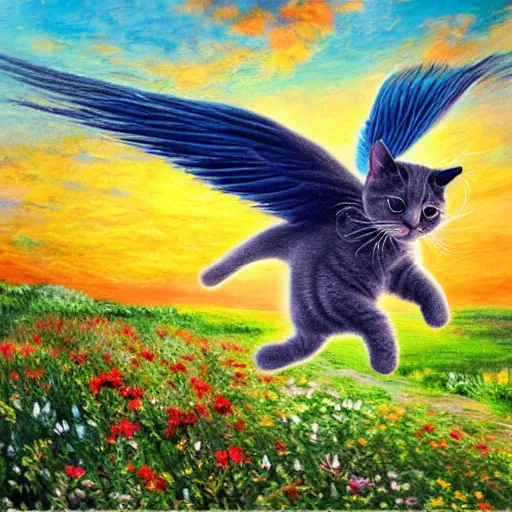 Image similar to a photograph of cute cat with wings flying towards the sunset, highly detailed, photorealistic, impressionism style