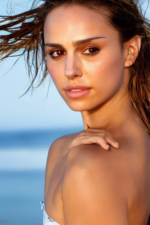 Image similar to a photo of a girl half Nathalie Portman half Jessica Alba at beach, portrait at beach in bikini, 3/4 view, amber eyes, a shy face, the sea in the background, Refined, Detailed professional photo, 50mm lens, Canon eos, soft an diffuse lights, autumn light, sea blurry distant background, Highly Detailed, Cinematic Lighting, 8k, HD