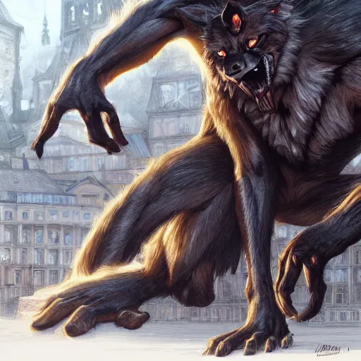 Prompt: werewolf in the downtown city lviv market square, portrait, highly detailed, full body, digital painting, trending on artstation, concept art, sharp focus, illustration, art by artgerm and greg rutkowski and magali villeneuve