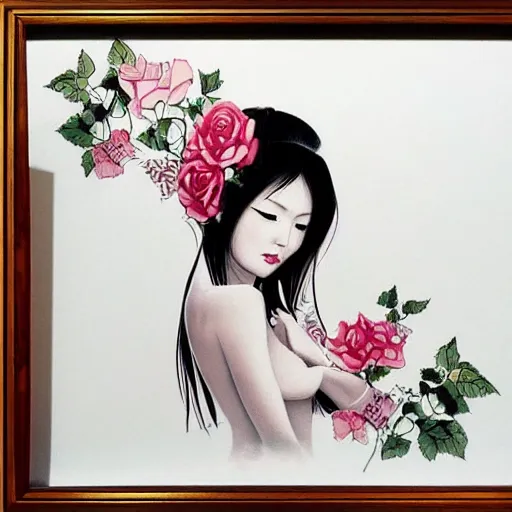 Prompt: tattoo design, stencil, traditional, portrait of a beautiful japanese girl framed by roses by artgerm, artgerm