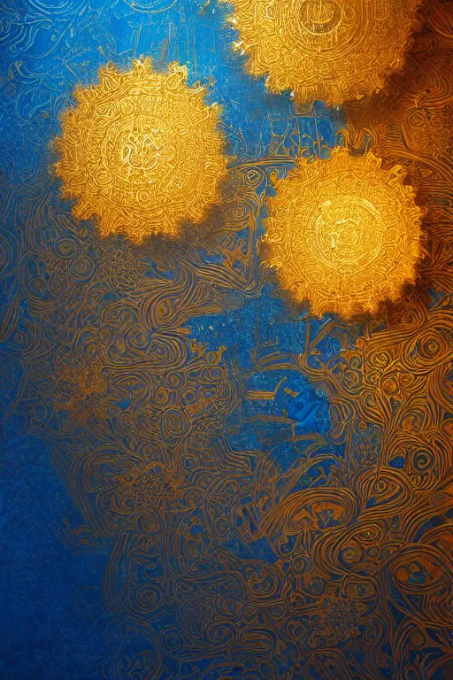 Image similar to floral and gear art deco abstract patterns, blue and gold, 8 k, powerfull, intricate, elegant, volumetric lighting, digital painting, highly detailed, artstation, sharp focus, illustration, concept art, ruan jia, steve mccurry, beksinski