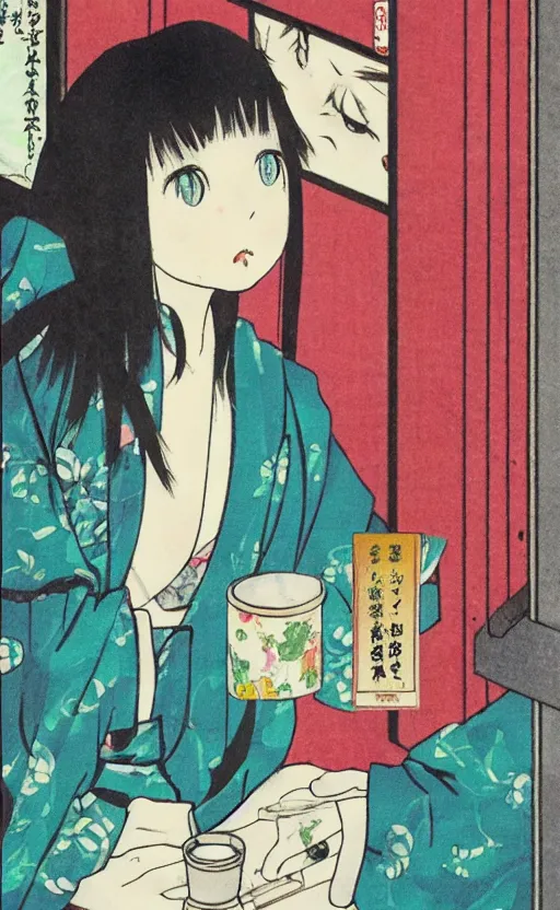 Prompt: by akio watanabe, manga art, girl is drinking sake and look outside of window, trading card front, kimono, realistic anatomy, sun in the background