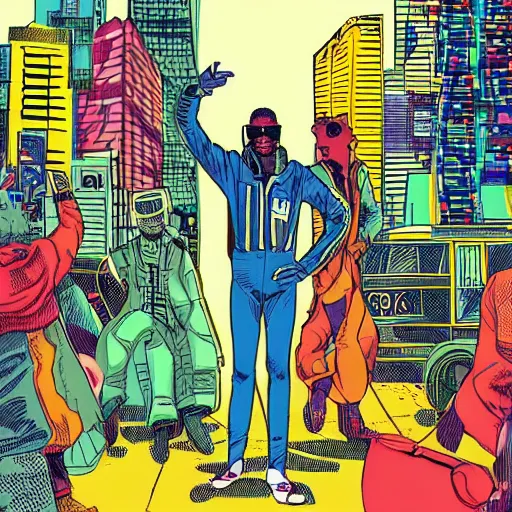 Image similar to afrofuturist man in a crowded busy street wearing a jacket over a jumpsuit, simple, cyberpunk, far shot, full body shot, 1970s comic art style, retrofuturist, drawing