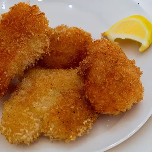 Prompt: a plate of breaded scampi next to the impacts of bottom trawling