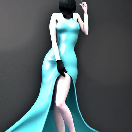 Image similar to an elegant curvy feminine pale goth cutie wearing an elaborate latex-nylon-leather white-cyan dress, thin waist, tube-top dress, cgsociety, photorealistic, 16k, smooth, sharp focus, trending on ArtStation, volumetric lighting, worksafe, sublime-comforting-intriuging ambience