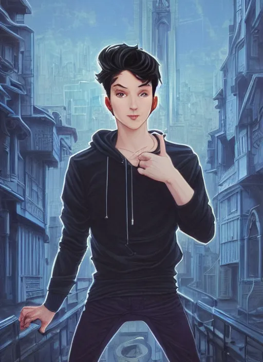 Image similar to handsome young man with short black hair, glowing light blue eyes, pale skin, wearing jeans and a black hoodie, detailed night time cityscape background, realistic painting by ross tran and gerald brom and alphonse mucha, ilya kuvshinov, svetlana tigai, artgerm, trending on artstation