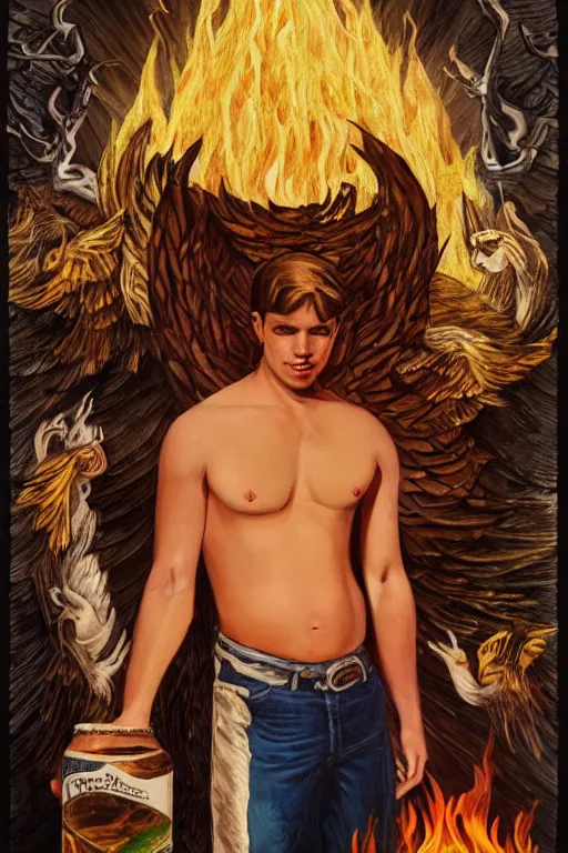 Prompt: a dramatic, epic, ethereal tarot painting of a handsome shirtless cowboy with a beer belly | background is a serene campfire | cans of beans and jugs of whisky | tarot card, art deco, art nouveau | by Mark Maggiori | trending on artstation