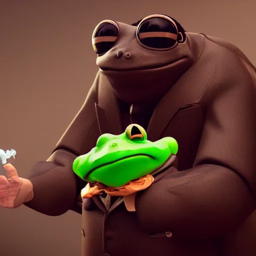 Image similar to a high quality photo of an antropomorphic frog wearing a suit smoking a cigar, 3d scene, render, ultra realistic, artstation, cgsociety