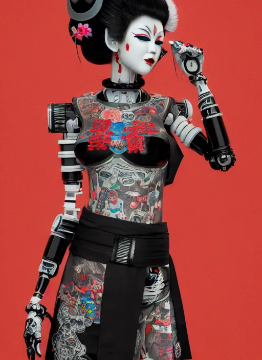 Image similar to full body photo of a punk geisha robot with kanji tattoos and decals wearing a digital pixelated kimono, intricate design, photo - realistic, octane render, ultra fine detailed, character design, trending on artstation