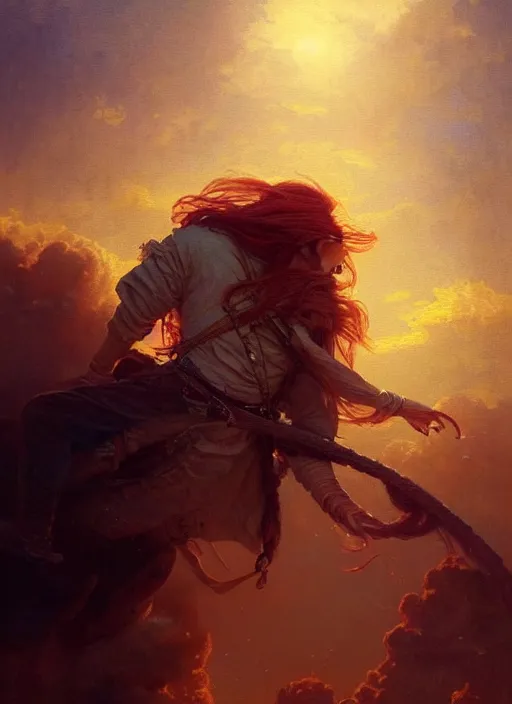 Image similar to portrait painting of a handsome rugged long hair crimson hair male pirate, soft hair steampunk ornate zeppelin in the sky sunset golden hour art by greg rutkowski gaston bussiere fantasy soft hair trending on artstation deviantart book cover art concept art key art dramatic volumetric lighting, 4 k, award winning