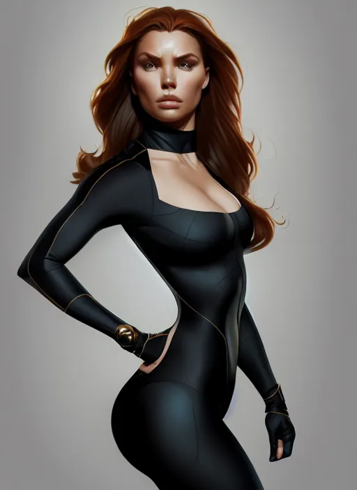 Image similar to kim possible in a black swimsuit, intricate, elegant, highly detailed, digital painting, artstation, concept art, smooth, sharp focus, illustration, art by artgerm and greg rutkowski and alphonse mucha, 8 k