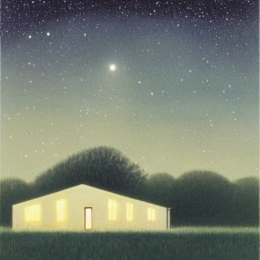 Image similar to painting by by Quint Buchholz, atmospheric cozy futuristic organic white concrete house in the middle of a lush and dense forest at night, a beautiful lake next to it, night time, night sky, starry night sky, by Quint Buchholz