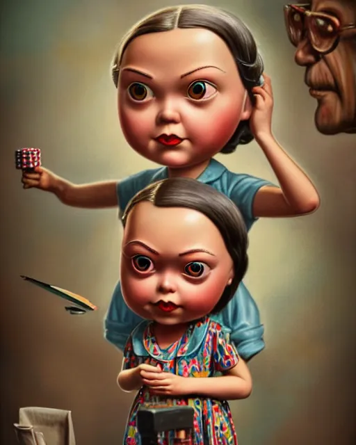 Image similar to closeup profile portrait of a tin toy greta thunberg as a 1 9 3 0 s gangster's moll in a gambling den, bikini, hyper realistic, artstation, illustration, nicoletta ceccoli, mark ryden, lostfish, max fleischer, digital paint, matte paint, vivid colors, bright, cheerful, detailed and intricate environment