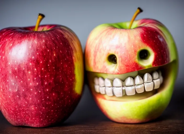 Image similar to photo still of an apple with human teeth, 8 k, studio lighting bright ambient lighting key light, 8 5 mm f 1. 8