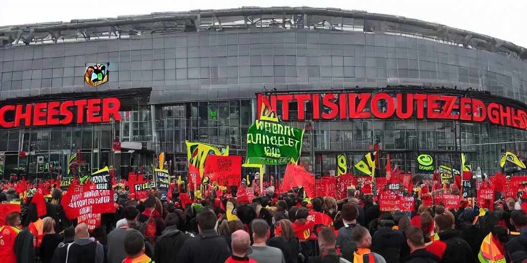 Prompt: # glazersout protests outside old trafford theatre of dreams against the glazers, # glazersout, chaos, protest, banners, placards, burning, pure evil, 8 k, wide angle lens, 1 6 - 3 5 mm, symmetry, cinematic lighting