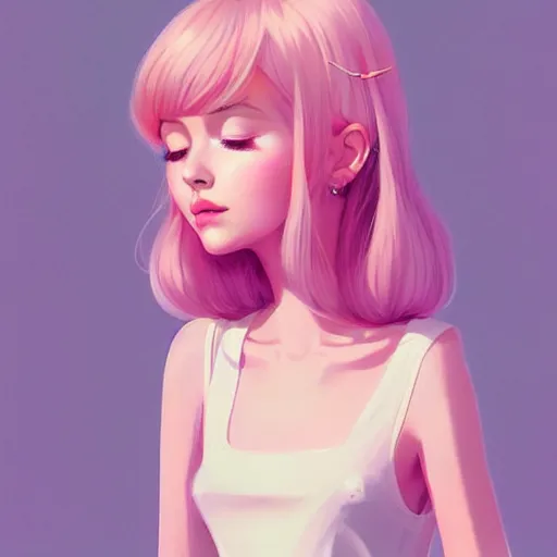 Image similar to young female in summer dress art, pastel light pink long hair, muted colors, matte print, pastel colors, ornate, digital art, digital painting, fan art, elegant, artstation, head is centered, by Ilya Kuvshinov