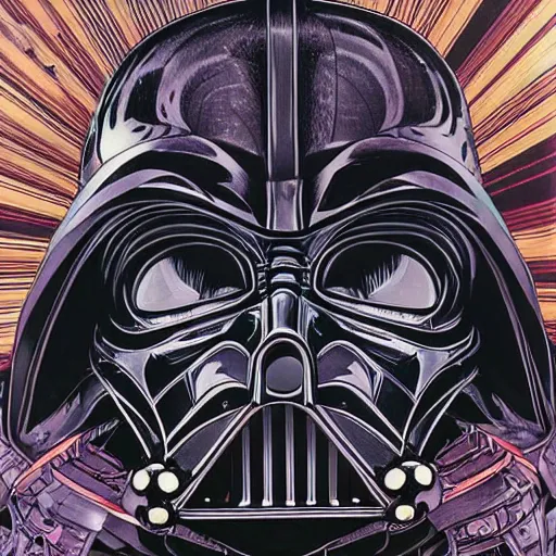 Image similar to portrait closeup of crazy darth vader, symmetrical, hyper detailed, by yoichi hatakenaka, masamune shirow, josan gonzales and dan mumford, ayami kojima, takato yamamoto, barclay shaw, karol bak, yukito kishiro