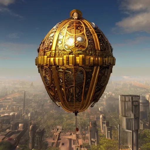 Prompt: enormous flying faberge egg containing a city, sky, steampunk, fantasy art, unreal engine,