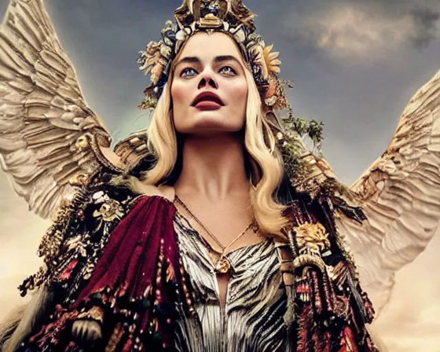 Image similar to Margot robbie as a goddess in heaven, Photography, Cinematic, Portrait, insanely detailed and intricate, hypermaximalist, elegant, ornate, hyper realistic, super detailed