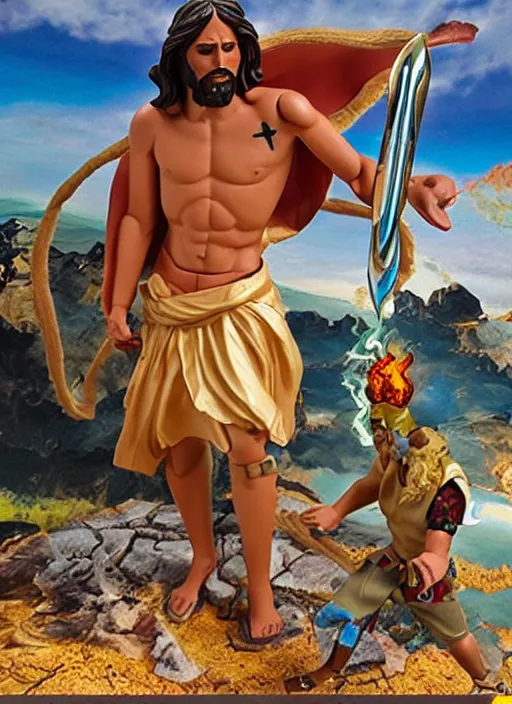 Image similar to Jesus vs the Devil in the flying sandals of salvation action figures toy pack