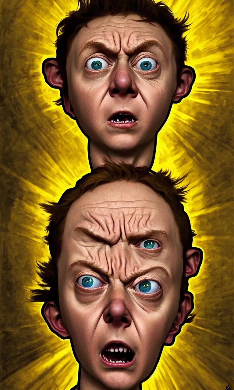 Image similar to hyper realistic grotesque portrait of an very young 1 2 yr dumb roundheaded round head morty, from rick and morty, worried, yellow t - shirt, portal in the background, by lee bermejo, alphonse mucha and greg rutkowski