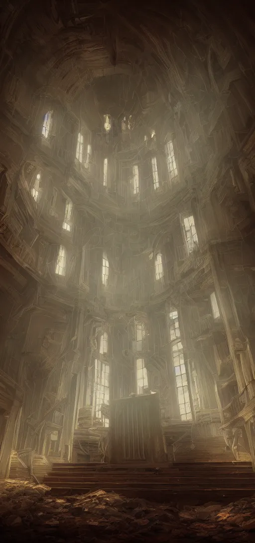 Image similar to a rendered painting of a run pipe organ, lots of detail, volumetric lighting, concept art, digital painting, trending on artstation, vivid, gloomy, abandoned, no people, scary