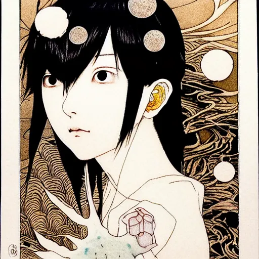 Image similar to prompt: Fragile looking soft light portrait face drawn by Takato Yamamoto and Katsuhiro Otomo, inspired by Ghost in Shell anime, magical and alchemical objects on the side, soft light, monochrome background, intricate detail, intricate ink painting detail, sharp high detail, manga and anime 2000