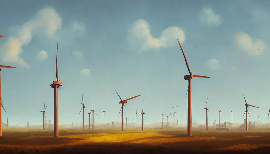 Image similar to city full of solar panels and windmills, early morning sun in the sky, simon stalenhag