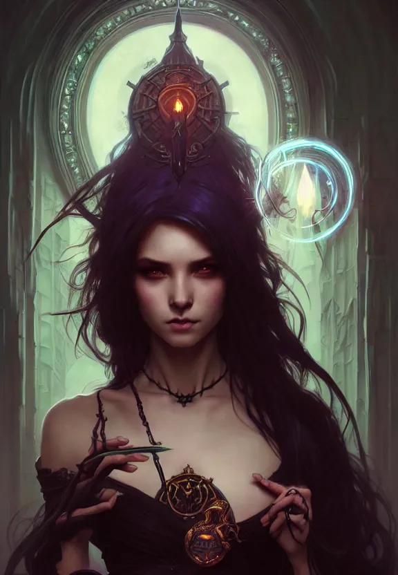 Image similar to Necromancer Sorceress in center, fantasy magic, undercut hairstyle, dark light night, intricate, elegant, sharp focus, illustration, highly detailed, digital painting, concept art, matte, art by WLOP and Artgerm and Greg Rutkowski and Alphonse Mucha, masterpiece