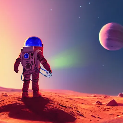 Image similar to tiny astronaut playing video game on mars, time machine, ice, bioluminescence, vegetation, colorful, rim light, highly detailed, tilt shift, digital painting, concept art, smooth, sharp focus, pleasing aesthetics, 3 d render, octane render, disney pixar, 4 k