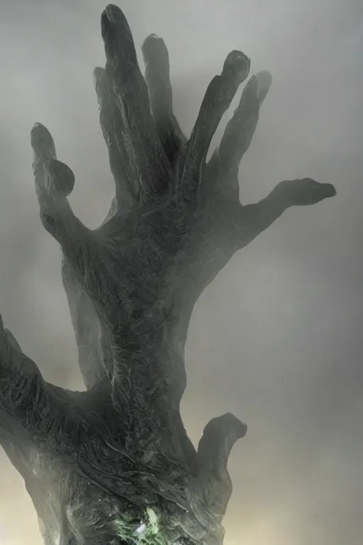 Image similar to giant hand sculpture covered in fog in style of prometheus xenomorph mythology, detailed, beautiful, god rays, unreal