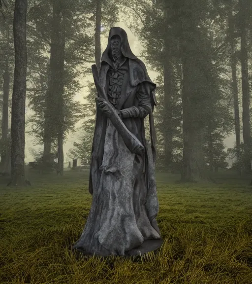 Image similar to weeping grim reaper statue in graveyard surrounded by beautiful forest, grainy film photo, cgsociety, octane render, trending on artstation, artstationHD, artstationHQ, unreal engine, 4k, 8k