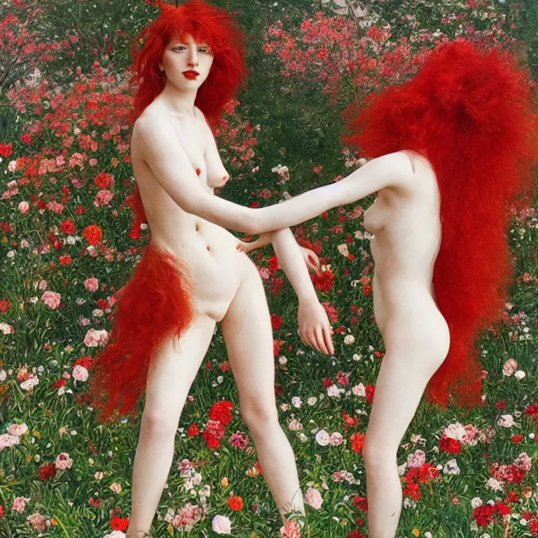 Image similar to a red headed girl with a side shave dancing by the riverside in a garden full of huge flowers by dino valls and egon schiele, fashion editorial