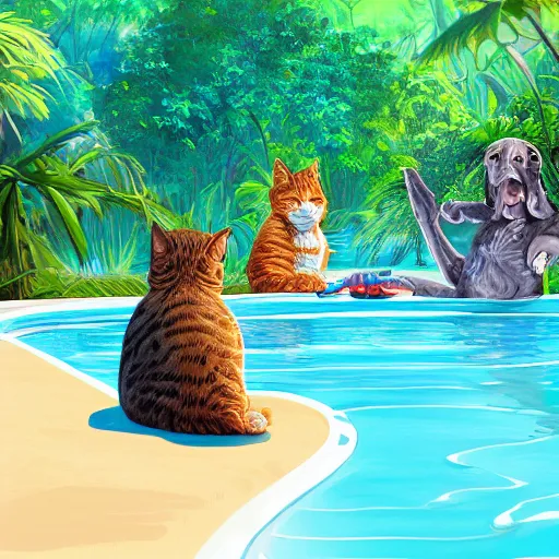 Image similar to swimming pool in the middle of the jungle a cat and a dog playing around , empty beach chair , highly detailed, digital painting, artstation, concept art