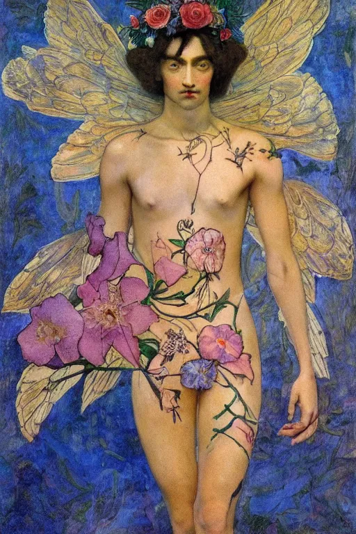 Prompt: the flower prince, by Annie Swynnerton and Nicholas Roerich and Diego Rivera, bioluminescent skin, floral tattoos, wings made out of flowers, elaborate costume, geometric ornament, symbolist, smooth, sharp focus, extremely detailed