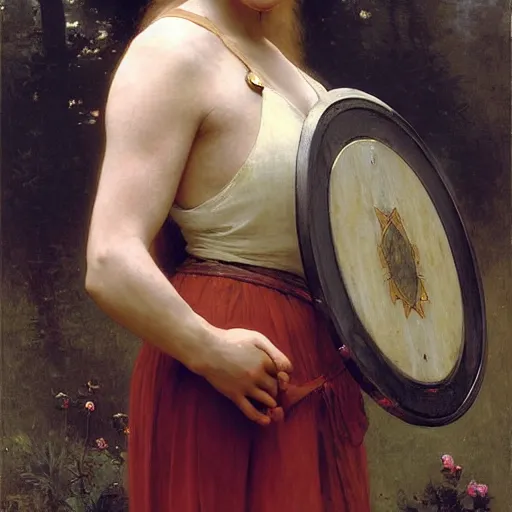 Prompt: Adolphe Bouguereau, Richard Schmid and Jeremy Lipking portrait painting of A shield-maiden (Old Norse: skjoldmø [ˈskjɑldˌmɛːz̠]) was a female warrior from Scandinavian folklore and mythology. Shield-maidens are often mentioned in sagas such as Hervarar saga ok Heiðreks and in Gesta Danorum. They also appear in stories of other Germanic peoples: Goths, Cimbri, and Marcomanni.[1] The mythical Valkyries may have been based on such shield-maidens.[